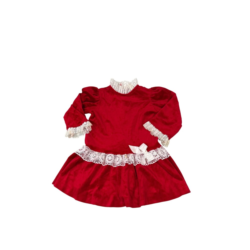 Vintage New York Kids Red Velvet Holiday Dress Lace Trim Bow Girls Size 4/5?